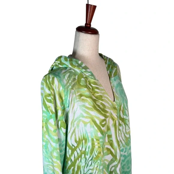 Susan Graver Weekend Hooded Tunic Women XLP Green Animal Print Resort Tropical - Picture 2 of 9